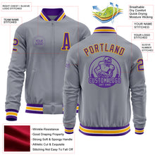 Load image into Gallery viewer, Custom Gray Purple-Gold Bomber Varsity Letterman Zipper Jacket
