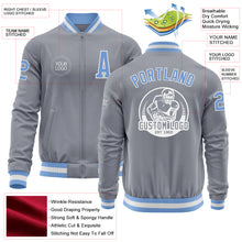 Load image into Gallery viewer, Custom Gray Light Blue-White Bomber Varsity Letterman Zipper Jacket