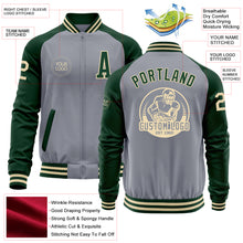 Load image into Gallery viewer, Custom Gray Cream-Green Bomber Varsity Letterman Two Tone Zipper Jacket