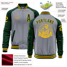 Load image into Gallery viewer, Custom Gray Gold-Green Bomber Varsity Letterman Two Tone Zipper Jacket