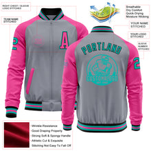 Load image into Gallery viewer, Custom Gray Aqua Black-Pink Bomber Varsity Letterman Two Tone Zipper Jacket