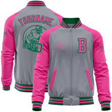 Load image into Gallery viewer, Custom Gray Kelly Green-Pink Bomber Varsity Letterman Two Tone Zipper Jacket