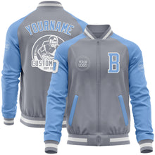 Load image into Gallery viewer, Custom Gray White-Light Blue Bomber Varsity Letterman Two Tone Zipper Jacket