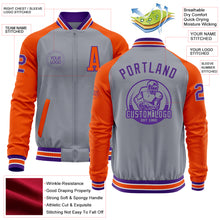 Load image into Gallery viewer, Custom Gray Purple-Orange Bomber Varsity Letterman Two Tone Zipper Jacket