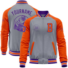 Load image into Gallery viewer, Custom Gray Purple-Orange Bomber Varsity Letterman Two Tone Zipper Jacket