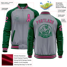 Load image into Gallery viewer, Custom Gray Pink-Kelly Green Varsity Letterman Two Tone Zipper Jacket