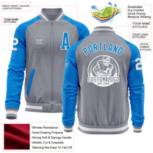 Load image into Gallery viewer, Custom Gray White-Powder Blue Varsity Letterman Two Tone Zipper Jacket
