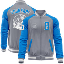 Load image into Gallery viewer, Custom Gray White-Powder Blue Varsity Letterman Two Tone Zipper Jacket
