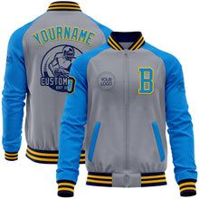 Load image into Gallery viewer, Custom Gray Navy Gold-Powder Blue Varsity Letterman Two Tone Zipper Jacket