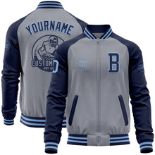 Load image into Gallery viewer, Custom Gray Light Blue-Navy Varsity Letterman Two Tone Zipper Jacket