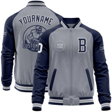Load image into Gallery viewer, Custom Gray White-Navy Varsity Letterman Two Tone Zipper Jacket