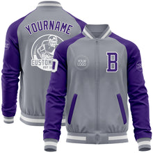 Load image into Gallery viewer, Custom Gray White-Purple Varsity Letterman Two Tone Zipper Jacket