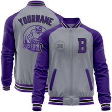 Load image into Gallery viewer, Custom Gray Black-Purple Varsity Letterman Two Tone Zipper Jacket