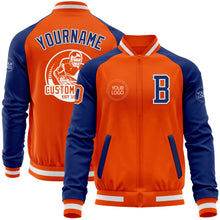 Load image into Gallery viewer, Custom Orange White-Royal Bomber Varsity Letterman Two Tone Zipper Jacket