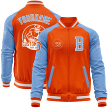 Load image into Gallery viewer, Custom Orange White-Light Blue Bomber Varsity Letterman Two Tone Zipper Jacket