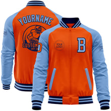 Load image into Gallery viewer, Custom Orange Navy-Light Blue Bomber Varsity Letterman Two Tone Zipper Jacket
