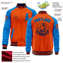 Load image into Gallery viewer, Custom Orange Navy-Powder Blue Bomber Varsity Letterman Two Tone Zipper Jacket