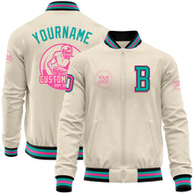 Load image into Gallery viewer, Custom Cream Pink Black-Aqua Bomber Varsity Letterman Zipper Jacket