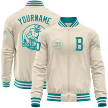 Load image into Gallery viewer, Custom Cream Teal-White Bomber Varsity Letterman Zipper Jacket