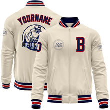 Load image into Gallery viewer, Custom Cream Navy Red-White Bomber Varsity Letterman Zipper Jacket