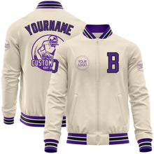 Load image into Gallery viewer, Custom Cream Purple Black-White Bomber Varsity Letterman Zipper Jacket