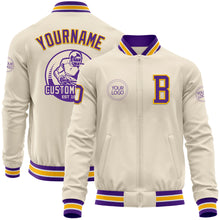 Load image into Gallery viewer, Custom Cream Purple Gold-White Bomber Varsity Letterman Zipper Jacket