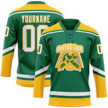 Load image into Gallery viewer, Custom Kelly Green White-Gold Hockey Lace Neck Jersey