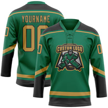 Load image into Gallery viewer, Custom Kelly Green Old Gold-Black Hockey Lace Neck Jersey