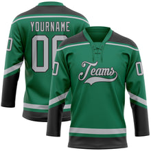 Load image into Gallery viewer, Custom Kelly Green Gray-Black Hockey Lace Neck Jersey