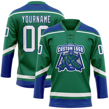 Load image into Gallery viewer, Custom Kelly Green White-Royal Hockey Lace Neck Jersey
