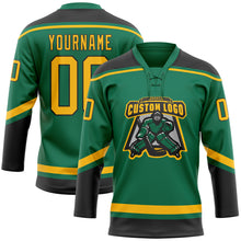 Load image into Gallery viewer, Custom Kelly Green Gold-Black Hockey Lace Neck Jersey