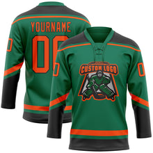Load image into Gallery viewer, Custom Kelly Green Orange-Black Hockey Lace Neck Jersey