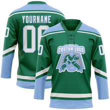 Load image into Gallery viewer, Custom Kelly Green White-Light Blue Hockey Lace Neck Jersey