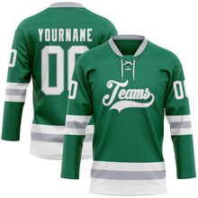 Load image into Gallery viewer, Custom Kelly Green White-Gray Hockey Lace Neck Jersey
