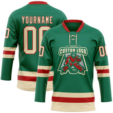 Load image into Gallery viewer, Custom Kelly Green Cream-Red Hockey Lace Neck Jersey