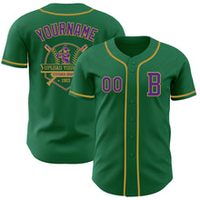 Load image into Gallery viewer, Custom Kelly Green Purple-Old Gold Authentic Baseball Jersey