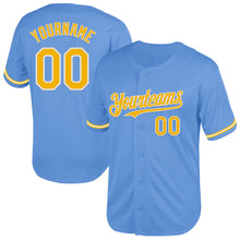 Load image into Gallery viewer, Custom Light Blue Gold-White Mesh Authentic Throwback Baseball Jersey