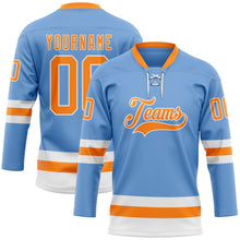 Load image into Gallery viewer, Custom Light Blue Bay Orange-White Hockey Lace Neck Jersey