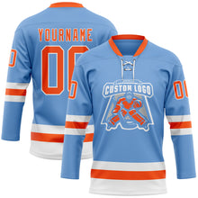 Load image into Gallery viewer, Custom Light Blue Orange-White Hockey Lace Neck Jersey