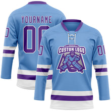 Load image into Gallery viewer, Custom Light Blue Purple-White Hockey Lace Neck Jersey