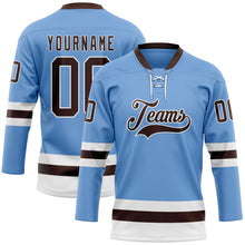 Load image into Gallery viewer, Custom Light Blue Brown-White Hockey Lace Neck Jersey