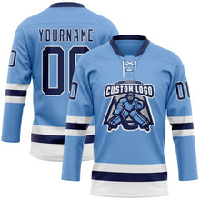 Load image into Gallery viewer, Custom Light Blue Navy-White Hockey Lace Neck Jersey