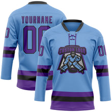 Load image into Gallery viewer, Custom Light Blue Purple-Black Hockey Lace Neck Jersey