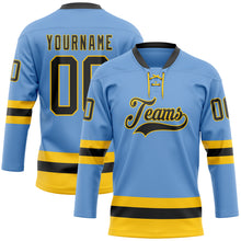 Load image into Gallery viewer, Custom Light Blue Black-Yellow Hockey Lace Neck Jersey