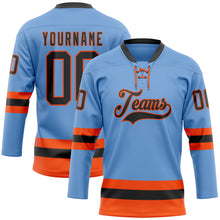 Load image into Gallery viewer, Custom Light Blue Black-Orange Hockey Lace Neck Jersey