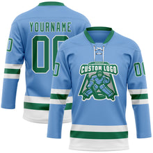 Load image into Gallery viewer, Custom Light Blue Kelly Green-White Hockey Lace Neck Jersey