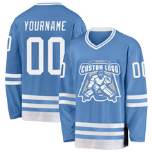 Load image into Gallery viewer, Custom Light Blue White Hockey Jersey