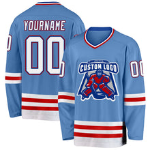 Load image into Gallery viewer, Custom Light Blue Royal-Red Hockey Jersey