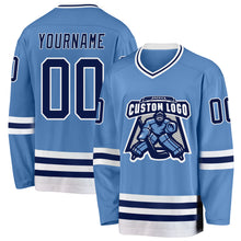 Load image into Gallery viewer, Custom Light Blue Navy-White Hockey Jersey