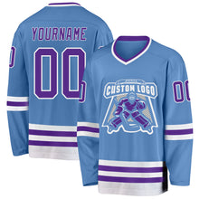 Load image into Gallery viewer, Custom Light Blue Purple-White Hockey Jersey